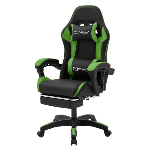 ML-Design Gaming Stuhl mit Fußstütze, Grün, aus Kunstleder, Ergonomischer Bürostuhl mit Armlehne, Kopfstütze, Lendenkissen, Drehstuhl verstellbar, Racing Gamer Stuhl Schreibtischstuhl Drehsessel