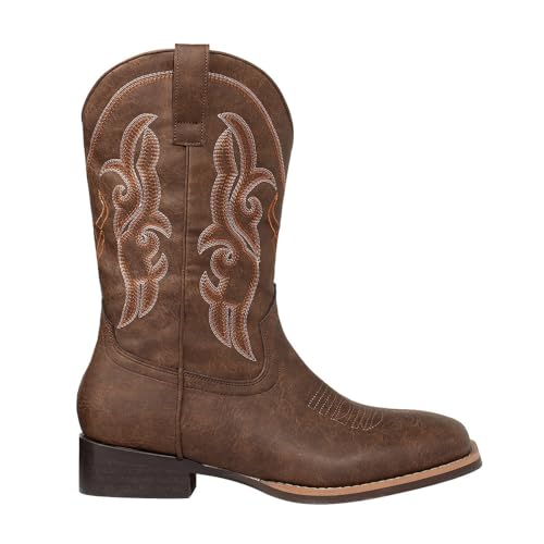 J's.o.l.e Western Cowboy Boots for Men Square Toe Embroidered Slip On Wide Calf Country Work Riding Boot Brown4