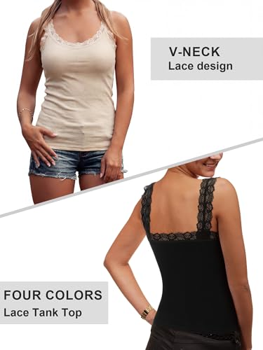 Image of Lasnten 4 Pieces Lace Camisole Tank Tops for Women Ribbed Cami Top Lacework Undershirt Patchwork Tank Lace Trim Cami