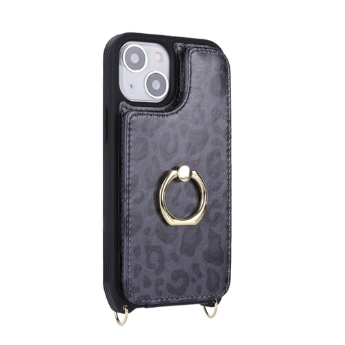 Image of for iPhone 13 Mini Case with Card Holder and Strap for Women,Crossbody Lanyard,Kickstand Ring Stand,Snap Clasp,RFID Blocking,Cute Phone Wallet Cases 5.4 inch(Black Leopard)