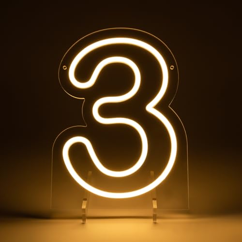 Image of Number 3 LED Neon Sign Backdrop Birthday Party Decoration, 11.3 inch Height Warm White Marquee Numbers Three Light Up Sign for Wedding Anniversary Window Wall Table, Indoor Battery Operated or USB