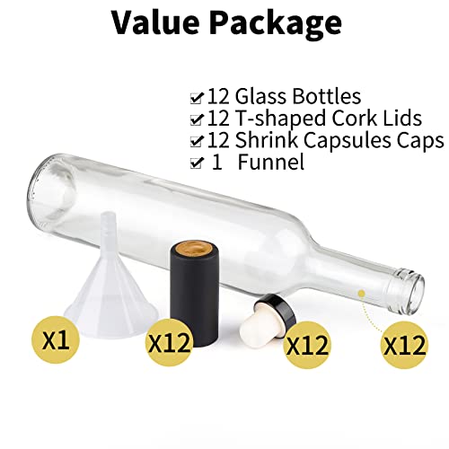 Guanena 12 Pack 16Oz Clear Glass Bottles With Cork Lids And Pvc Shrink Capsules, 500 Ml Empty Home Brewing Wine Bottles With Funnel For Sparkling Wine, Juice, Kombucha, Beverages #TOP3