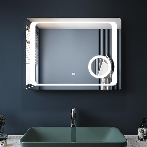 SONNI Espejo Baño con Luz Aumento Antivaho 80x60 cm LED Pared con Interruptor Táctil y Enchufe Incorporado