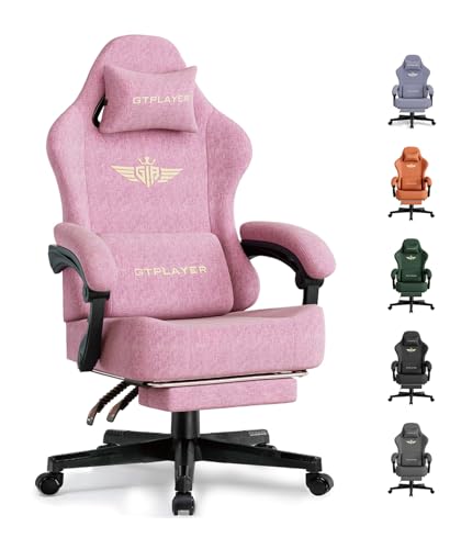 Image of GTPLAYER Big and Tall Gaming Chair with Pocket Spring Cushion, High Back Ergonomic Computer Chair with Footrest for Adults Lumbar Support Swivel Game Chair for Office Gaming 350LBS, Fabric Pink