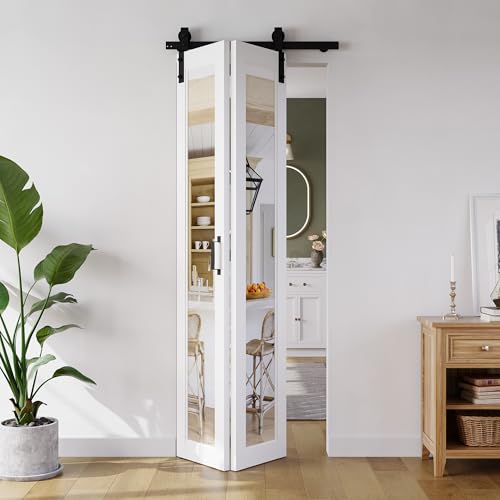 Bifold Barn Door 30"（15" x2） x 84", 1 Lites Mirror Panel with Sliding Hardware Kit Set, Pre-drilled Closet Door Slab, 34" Track for 2 Doors, MDF, White,Easy Installation 30" x 84"door+2.83 F