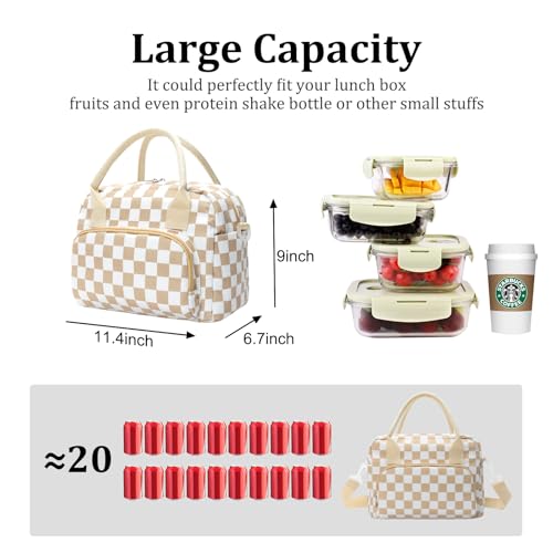 Insulated Lunch Bag for Adults, Large Reusable Cooler Tote (Khaki Plaid)