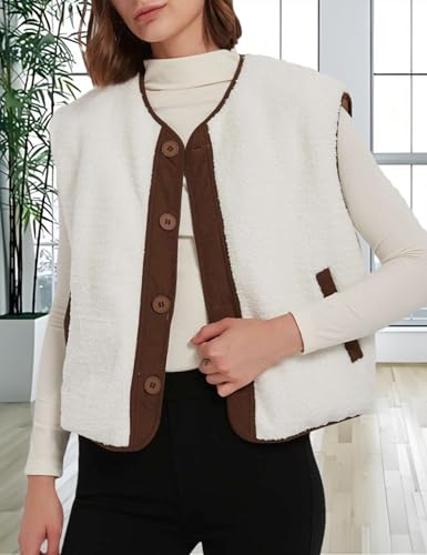Womens Fall Reversible Vests Casual Button Down Sleeveless Sherpa Vest Fleece Padded Gilet Outerwear Jacket Coat3