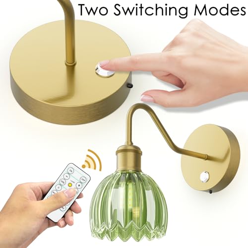 Image of 2 Pack Battery Powered Wall Sconce with Green Tulip Glass Lampshade, Rechargeable Dimmable LED Wall Sconce for Living Room, Hallway, Bedroom, Dining Room