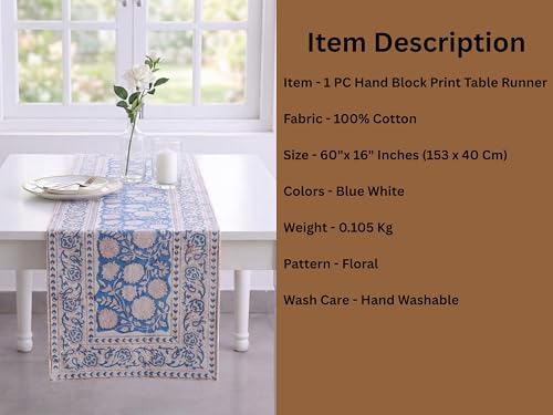 Image of Ravaiyaa - Attitude is everything Cotton Hand Block Printed Table Runner Bed Runner Table Decor (Blue & White Floral)