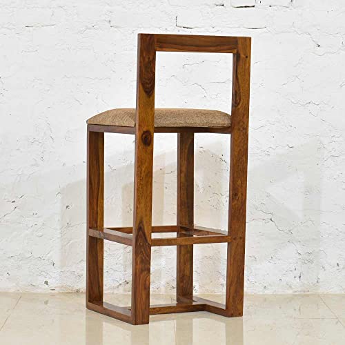 Image of OGESTA Solid Sheesham Wood Bar Chair for Kitchen Island & Breakfast Counter | High Back Wooden Bar Stool with Cushioned Seat | Rustic Walnut Finish | Home Bar & Dining Counter Chair (style 8)