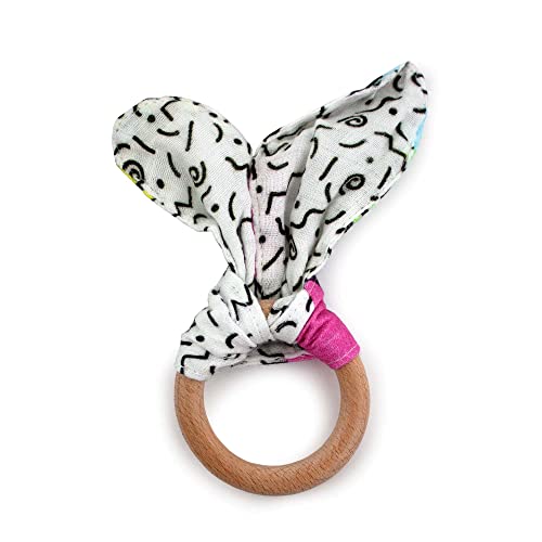 Image of Kanga Care Baby Soft Muslin Sensory Crinkle Bunny Ear Wood Teething Ring - Radical 80's