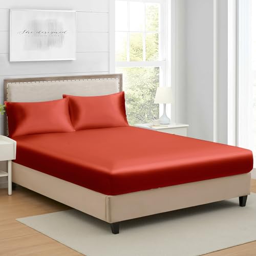 Twin Silk Satin Fitted Sheet, Soft Deep Pocket Single Bottom Bed Sheets Sold Separately, Wrinkle Free, Non- Fading, Breathable, Fully Elasticized(Twin Size, Burnt Orange)