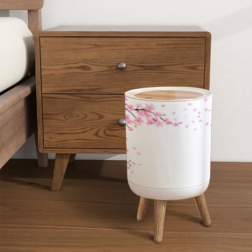 Image of Trash Can with Lid Cherry Blossoms Spring Flower Garden White Japanese Flowers Garbage Can Round Waste Bin Press Cover Dog Proof Wastebasket for Kitchen Bathroom Living Room Nursery 1.8gal