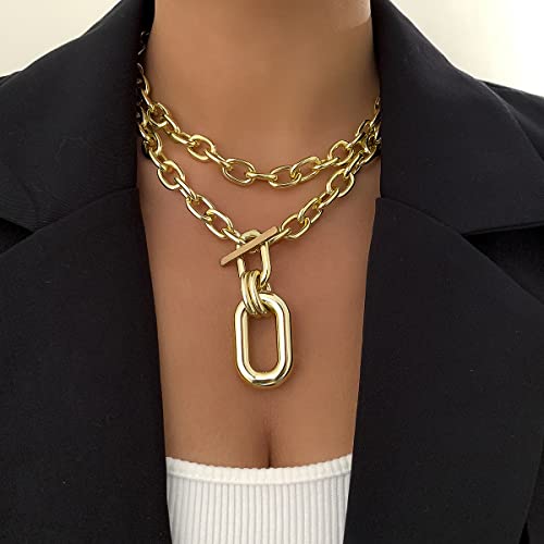Jumwrit Layered Necklaces Chunky Chain Toggle Necklaces Statement Choker Necklaces Punk Lightweight Carabiner Necklace For Women Girls(Gold) #TOP1