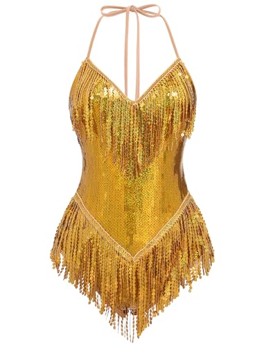IBAKOM Sexy Glitter Sequins Fringe Bodysuit Halter Lace Up Back Jazz Latin Dance Tassel Leotard Adult Acrobat Circus Trapeze Artist Costume Dancing Queen Rave Concert One Piece Outfits Gold L