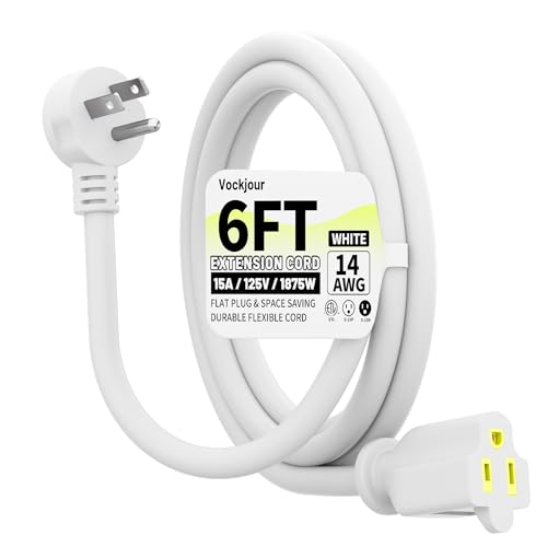 Vockjour 6FT White 14AWG Flat Plug Extension Cord, 15A/125V