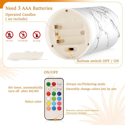 Image of Flickering Flameless Candles, White and Black Marble LED Candles with Remote Timer, Set of 2 Battery Operated Candle for Valentine Wedding Birthday