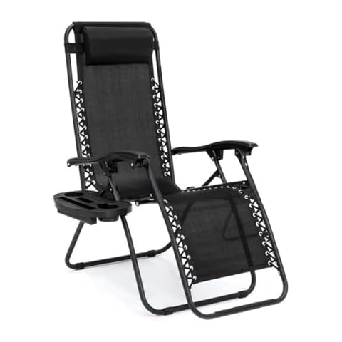 EZONE Zero Gravity Lounge Chairs Outdoor Adjustable Reclining Patio Chair Steel Mesh Folding Recliner for Pool Beach Camping Lounge Chair with Pillows and Cup Tray (1, Black) Cover