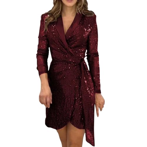 Damen Pailletten Kleid Glitzer, Sexy V-Ausschnitt Wickelkleid Langarm, Elegantes Minikleid mit Gürtel, Festliches Partykleid für Club Silvester...