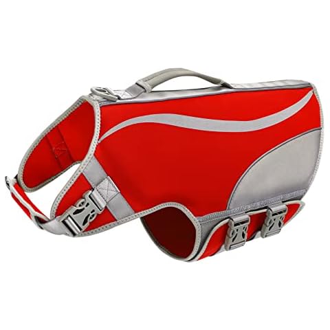 Dog Life Jacket for Swimming Boating: BOTEWO Dog Life Vest Ripstop Pet Life Preserver for Medium Dogs - Adjustable & with Reflective Stripes Rescue Handle (Red,M) Cover