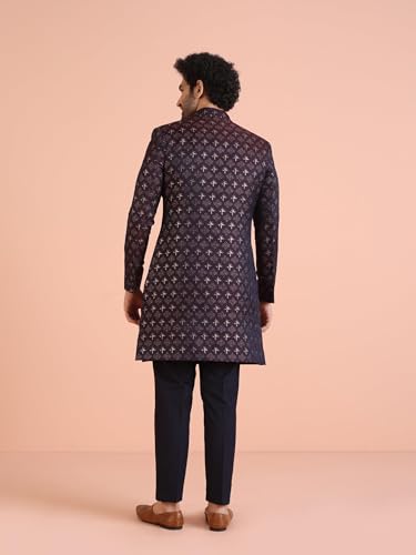 Kisah Men's Purple And Navy Blue Sherwani Trousers Set, Cotton Full Sleaves, Knee Length, Straight, Regular Fit, Mandarin Collar Ethnic Wear