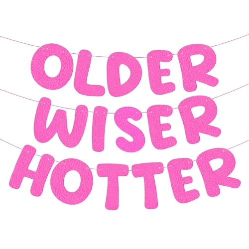 Image of Fulmoon Set of 3 Pre Strung Older Wiser Hotter Glitter Banner Funny Birthday Banner for Women 30th 40th 50th 60th 70th 80th Birthday Party Decorations Sign Gift(Light Pink)