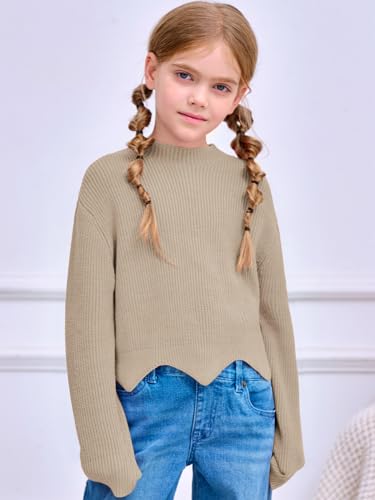 Image of Haloumoning Girls Mock Neck Sweaters Kids Fall Fashion Long Batwing Sleeve Rib Knit Pullover Clothes 5-14 Years