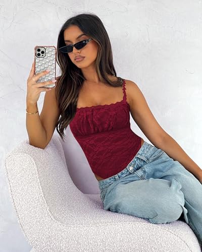 Saslax Women's Sexy Square Neck Lace Sleeveless Bodysuit Tank Tops Double Lined Body Suit Thong Outfits