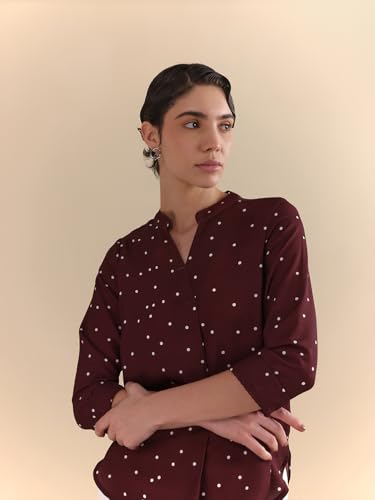 Image of FableStreet Women Shirt Work & Casual | Relaxed Fit Mandarin V-Neck Three-Quarter Sleeves Solid Pattern | Breathable Woven Fabric for Office & Everyday Wear