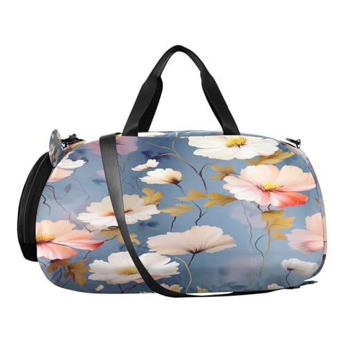 YETTASBIN Sport Travel Duffel Bag for Girls Boys, Pink White Flower Large Waterproof Weekender Overnight Bag, Detachable Shoulder Strap Gym Bag with Shoe Compartment & Wet Pocket2
