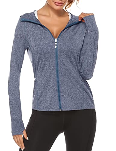 Terecey Veste Sport Femme Capuche Anoraks de Course à Pied Femme avec Poche Zippée Veste Running Femme Séchage Rapide Veste Course a Pied Manches Longues pour Yoga Fitness