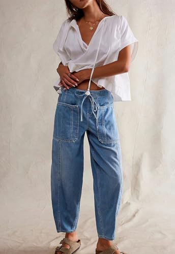 ebossy Barrel Jeans for Women Elastic Waist Baggy Loose Boyfriend Cropped Denim Pants with Drawstring3