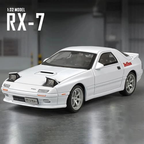 Image of 1:32 Mazda RX-7 Diecast Metal Car Model, Pull Back Toy Car with Openable Doors, Sound & Light Effects, Alloy Vehicle for Kids Boys Girls & Collectors (White)