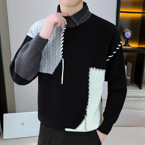 Cambkatl Men's Color Block Lapel Collar Sweaters Fashion Patchwork Loose Cable Knit Pullovers Long Sleeve Jumper Tops3