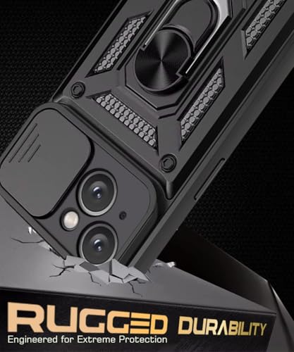 Image of WOW IMAGINE Tough Armor Bumper Mobile Back Case for iPhone 15 | Sliding Camera Shield Cover | Shock Proof 360 Protection | Hybrid PC + TPU | Ring Holder with Kickstand - Black