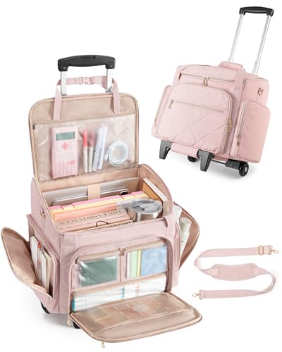 Marscamd Rolling Teacher Bag with 15.6' Laptop Compartment, Wheeled Work Briefcase Tote with Detachable Trolley for Women, Pink