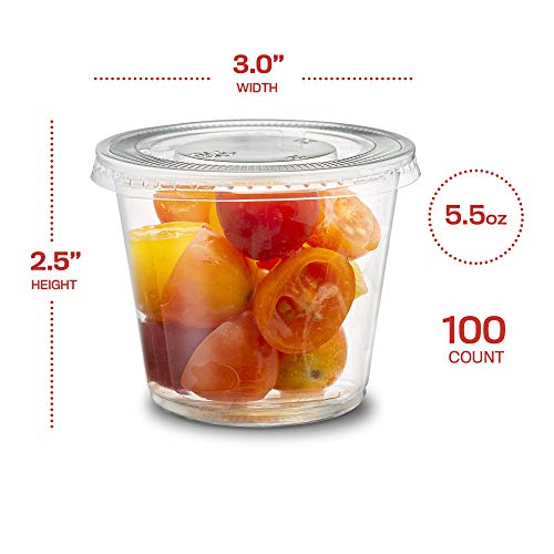 Image of Clear Disposable Plastic Portion Cups With Lids (100 Sets - 5.5 Oz) - Condiment, Sauce /Dip /Dressing, Souffle & Jello Shot Cups for Thanksgiving