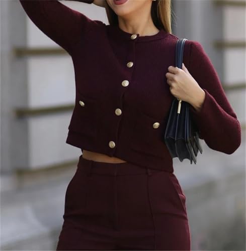 Women's Knitted Top Wine Red O Neck Long Sleeve Pocket Single Breasted Cardigan Coat2
