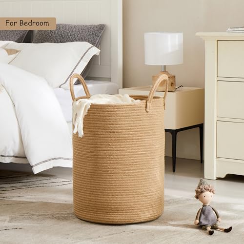 MOJOSCEND 15Dx20H inches Jute Woven Hamper Laundry Basket Wicker Rope Clothes Hamper for Baby Nursery Kids Tall Rattan Blanket Basket in Living Room Bedroom 62L Large Capacity