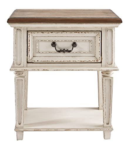 Signature Design By Ashley B743-91 Realyn Traditional Cottage 1 Drawer Nightstand With Dovetail Construction & Open Display Shelf, Chipped White, Distressed Brown thumb #3