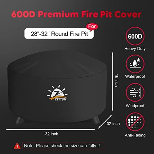 Zettum Round 32 Inch Outdoor Fire Pit Cover - Heavy Duty & Waterproof, 600D Patio Fire Table Cover, Fade & Weather Resistant - 32 x 32 x 16 Inch - 1