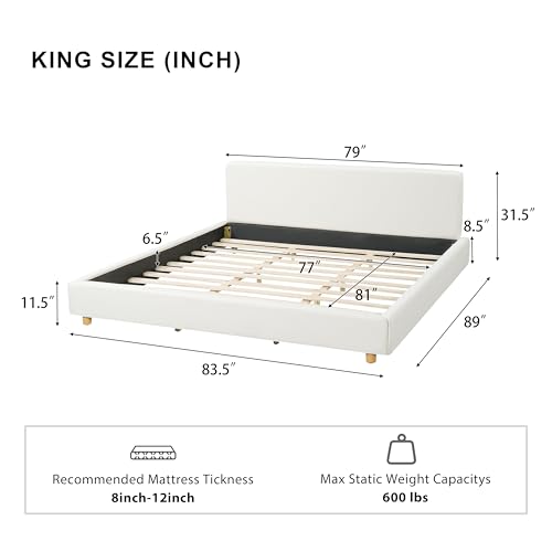 Image of Merax King Size Boucle Upholstered Platform Bed Frame with Headboard,Modern Soft Fabric for Bedroom with Wood Slats Support for Bedroom