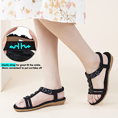 HARENCE Women's Summer Flat Sandals: Comfortable Bohemian Beaded Flats Shoes Elastic Ankle T-Strap Casual Slip on Beach Dress Sandals for Women4
