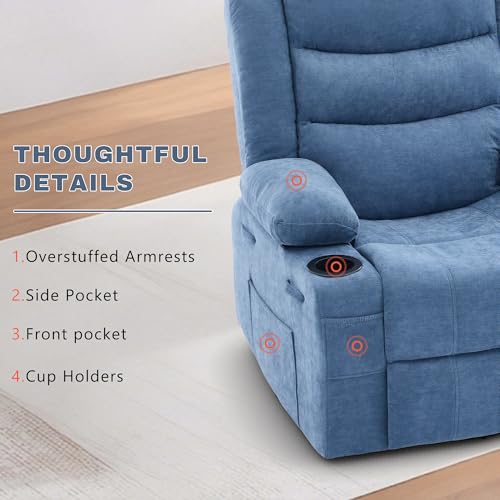 Image of Swivel Rocker Recliner Chair, Manual Recliner Single Sofa with Cup Holders, Chenille Fabric, Modern Nursery Rocking Chair with Side Pocket for Living Room, Apartment, Blue