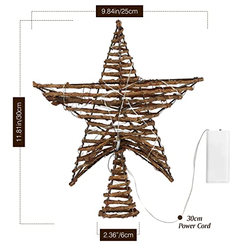 Lewondr Christmas Tree Topper, Vintage Rattan Natural Christmas Star Tree Topper With Led Beads, Battery Operated Tree Toppers Christmas Decorations For Xmas Tree Home Holiday Moravian Decor, Brown #TOP6