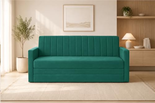 Image of Los Angeles Modern Velvet 3-Seater Sofa Cum Bed with Armrest, Multipurpose Convertible Sleeper Couch Sofa for Living Room, Bedroom & Office- Green Color