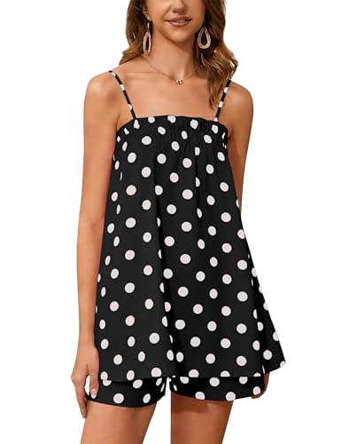 Image of calbatic Women 2 Piece Lounge Set Striped Summer Pajama Set Sleeveless Peplum Cami Top and Wide Leg Shorts Set Beachwear