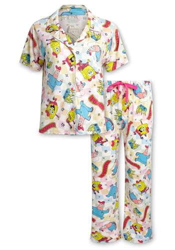 COCO BRANDS SpongeBob SquarePants Womens Pajama Sets - 2 Piece Button Down Sleep Shirts and Pajama Pants Set Size Medium Light Blue SpongeBob and Patrick Print