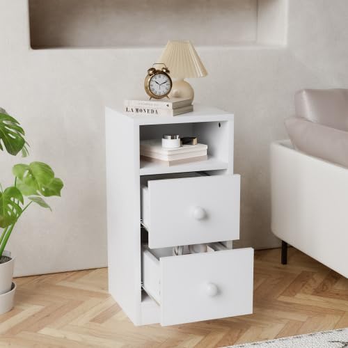 Bonnlo Nachttisch Weiß, Kommode mit 2 Schubladen, Konsolentisch Schmal mit offenem Fach, Nachtschrank Boxspringbett aus MDF mit Stauraum für Schlafzimmer, Modern, 25x30x60cm