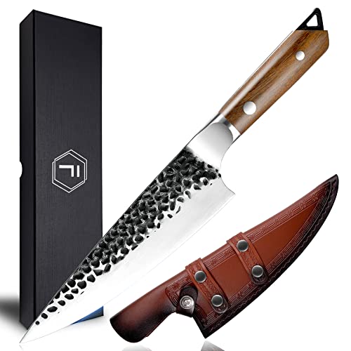 Cuchillo de cocina forjado a mano de 20 cm, cuchillo profesional de acero alemán, cuchillo de chef, cuchillo de cocina con mango de madera y funda de piel Cover